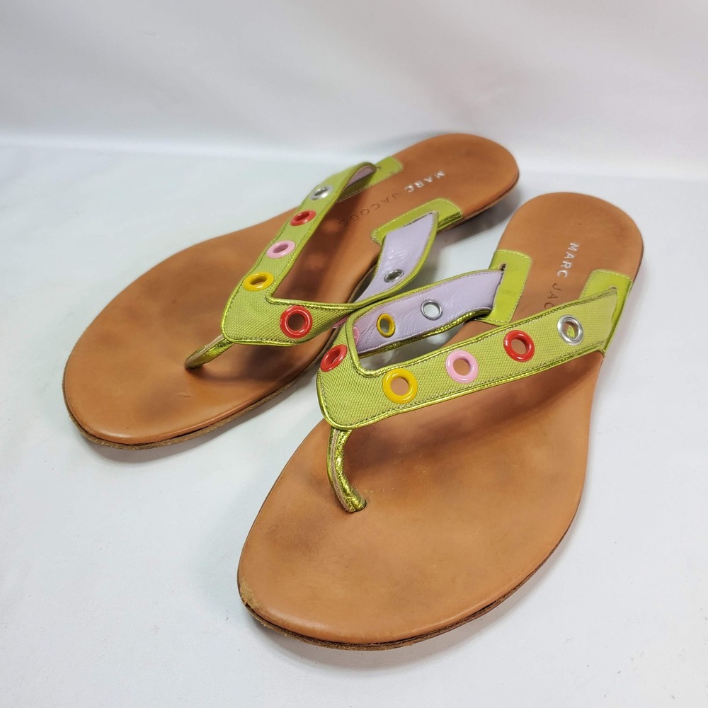 Marc Jacobs Flip Flop Sandals Women 6.5 Lime Green Tan Grommet Eyelet Flat Italy